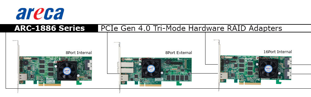 Areca ARC-1886 Series Tri-Mode 12Gb SAS, SATA and PCIe (NVMe) Hardware RAID Adapters